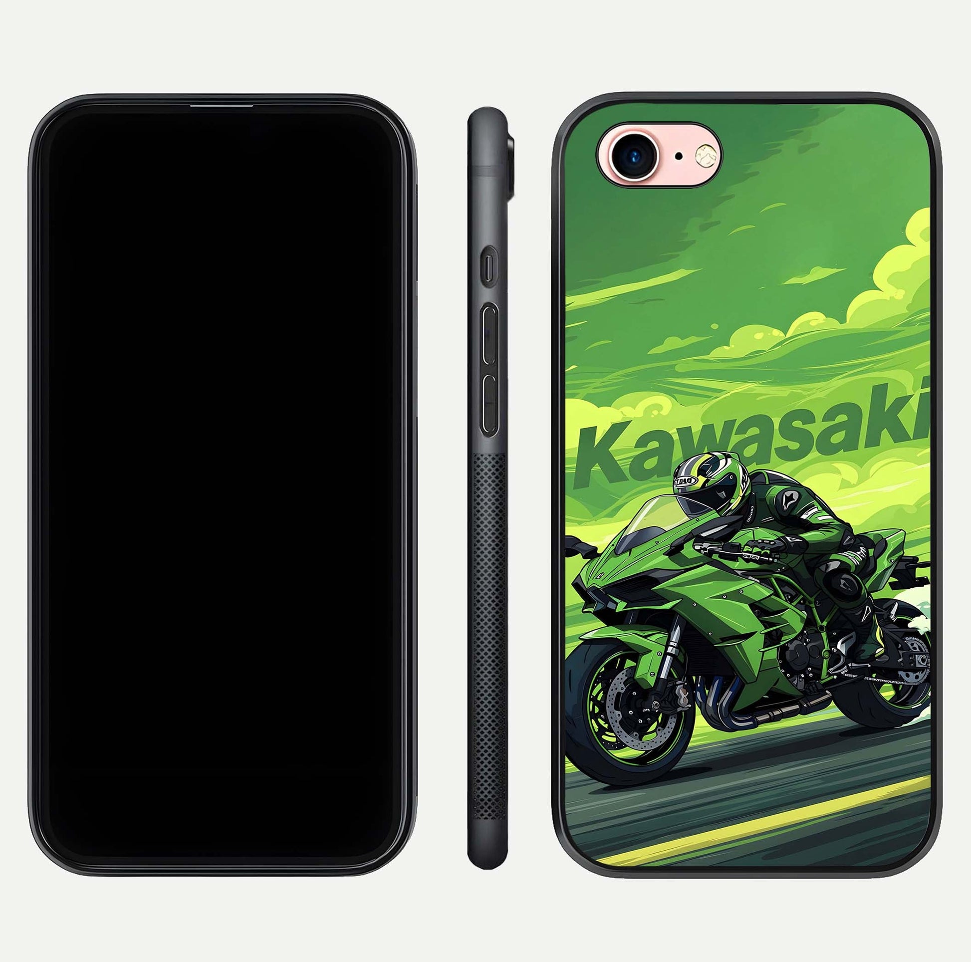 Green Kawasaki Glass Case for iPhone 6 Plus front and back view layout highlighting vivid green tones and curved glass edges