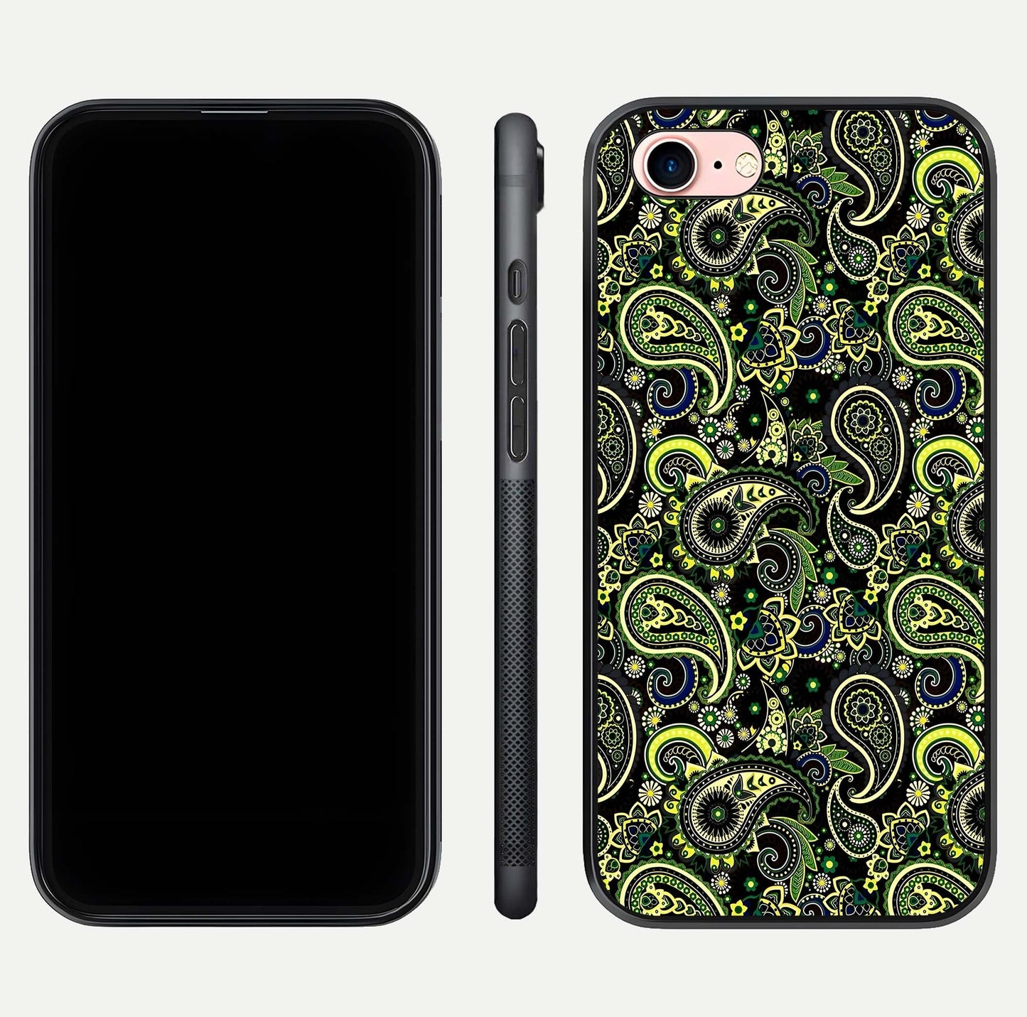 Green Mandala Pattern Glass Case for iPhone 6 Plus front and back view layout highlighting geometric art and curved glass