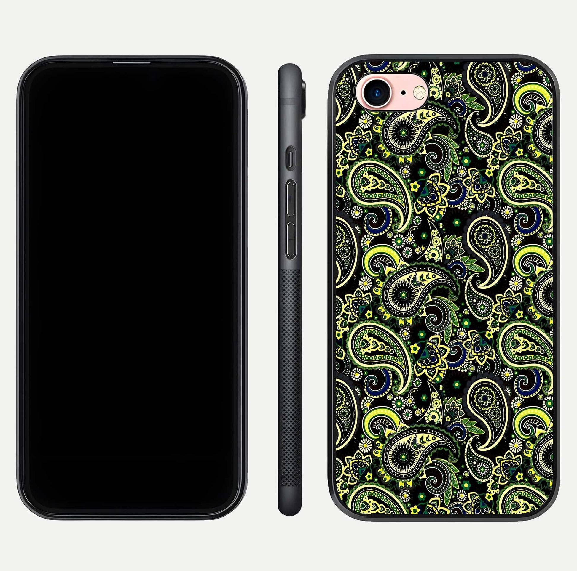 Green Mandala Pattern Glass Case for iPhone 6 Plus front and back view layout highlighting geometric art and curved glass