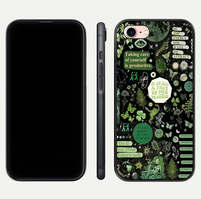 Green Moon Energy Glass Case for iPhone 6 Plus front and back view layout highlighting cosmic tones and smooth edges