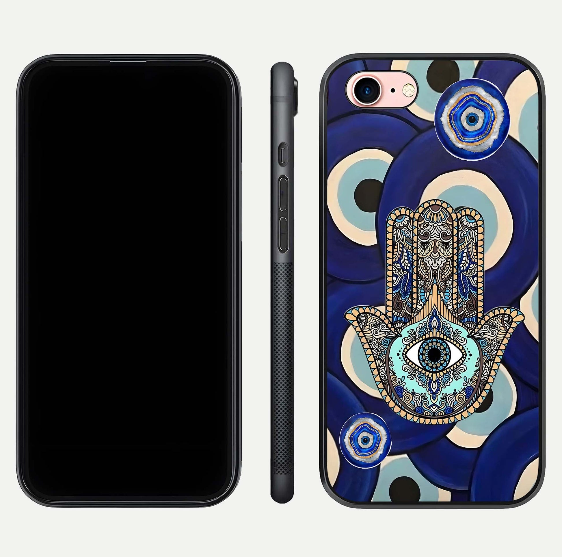 Hamsa Divine Guard Glass Case for iPhone 6 Plus front and back view layout highlighting spiritual artwork and smooth edges