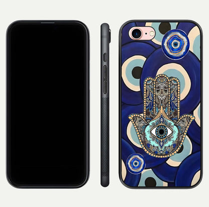 Hamsa Divine Guard Glass Case for iPhone 6 Plus front and back view layout highlighting spiritual artwork and smooth edges