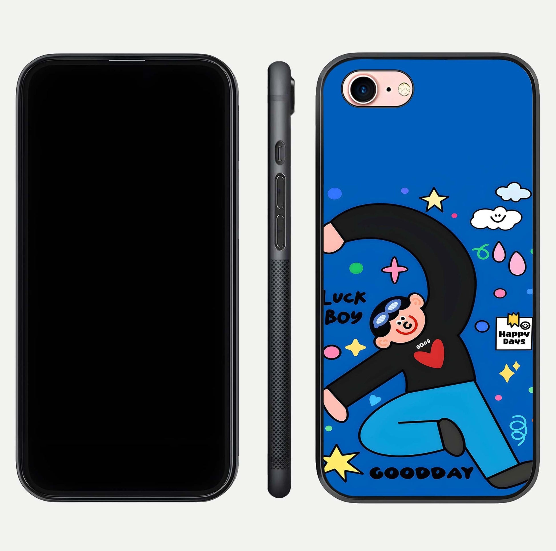 Happy Luck Vibe Glass Case for iPhone 6 Plus front and back view layout highlighting positive motif and curved edges