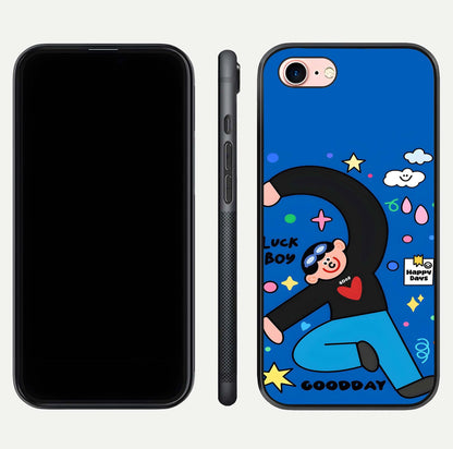Happy Luck Vibe Glass Case for iPhone 6 Plus front and back view layout highlighting positive motif and curved edges