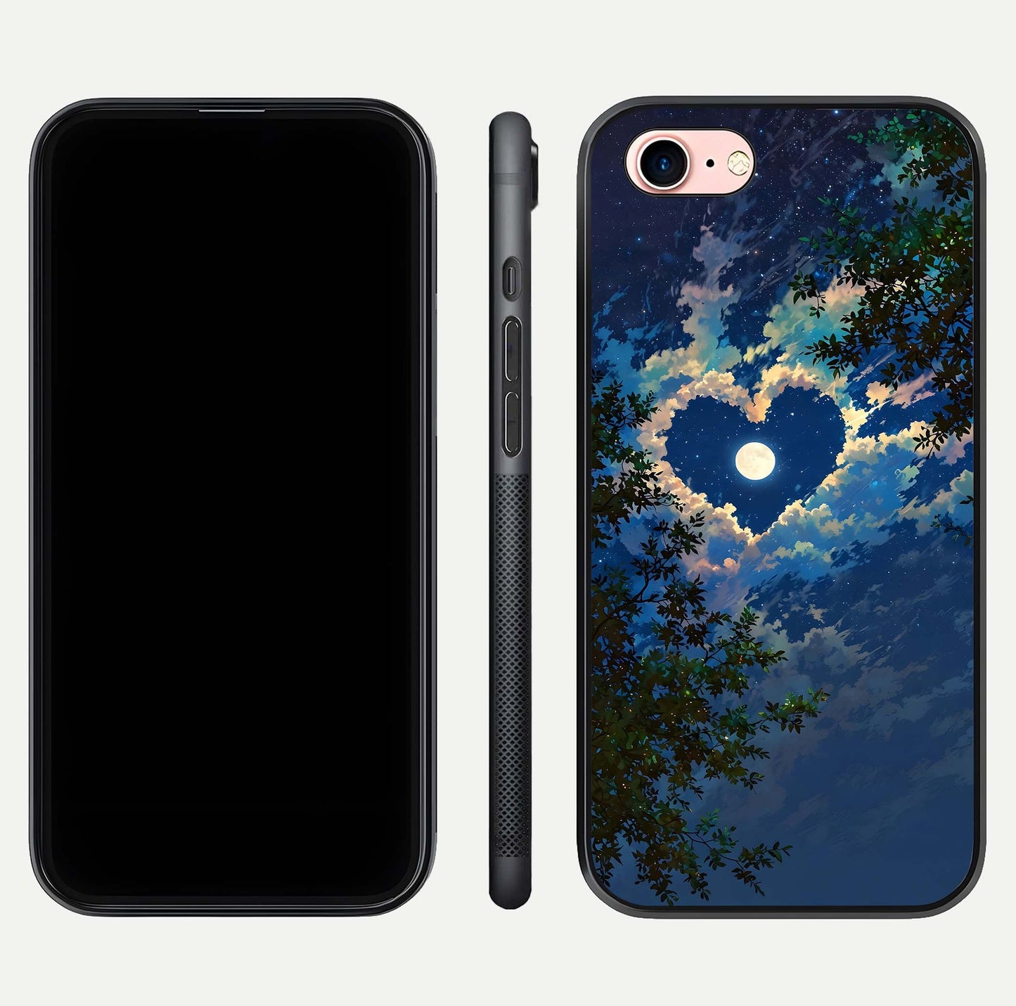 Heart with Moon Sky Glass Case for iPhone 6 Plus front and back view layout displaying celestial tones and curved glass
