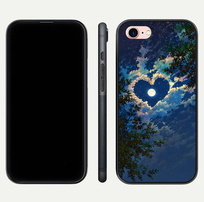 Heart with Moon Sky Glass Case for iPhone 6 Plus front and back view layout displaying celestial tones and curved glass