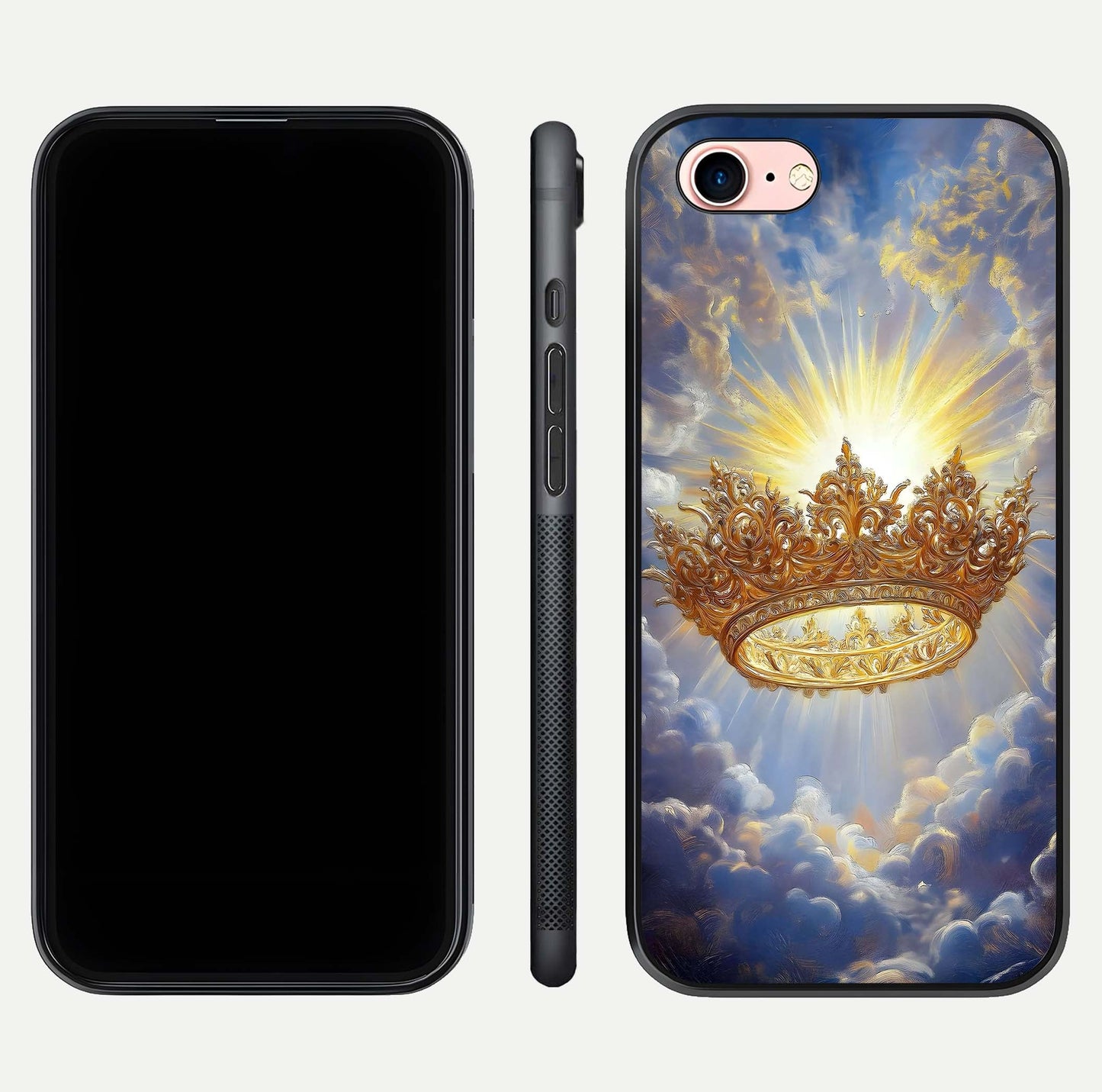 Heavenly Crown Light Glass Case for iPhone 6 Plus front and back view layout highlighting golden aura tones and curved glass edges