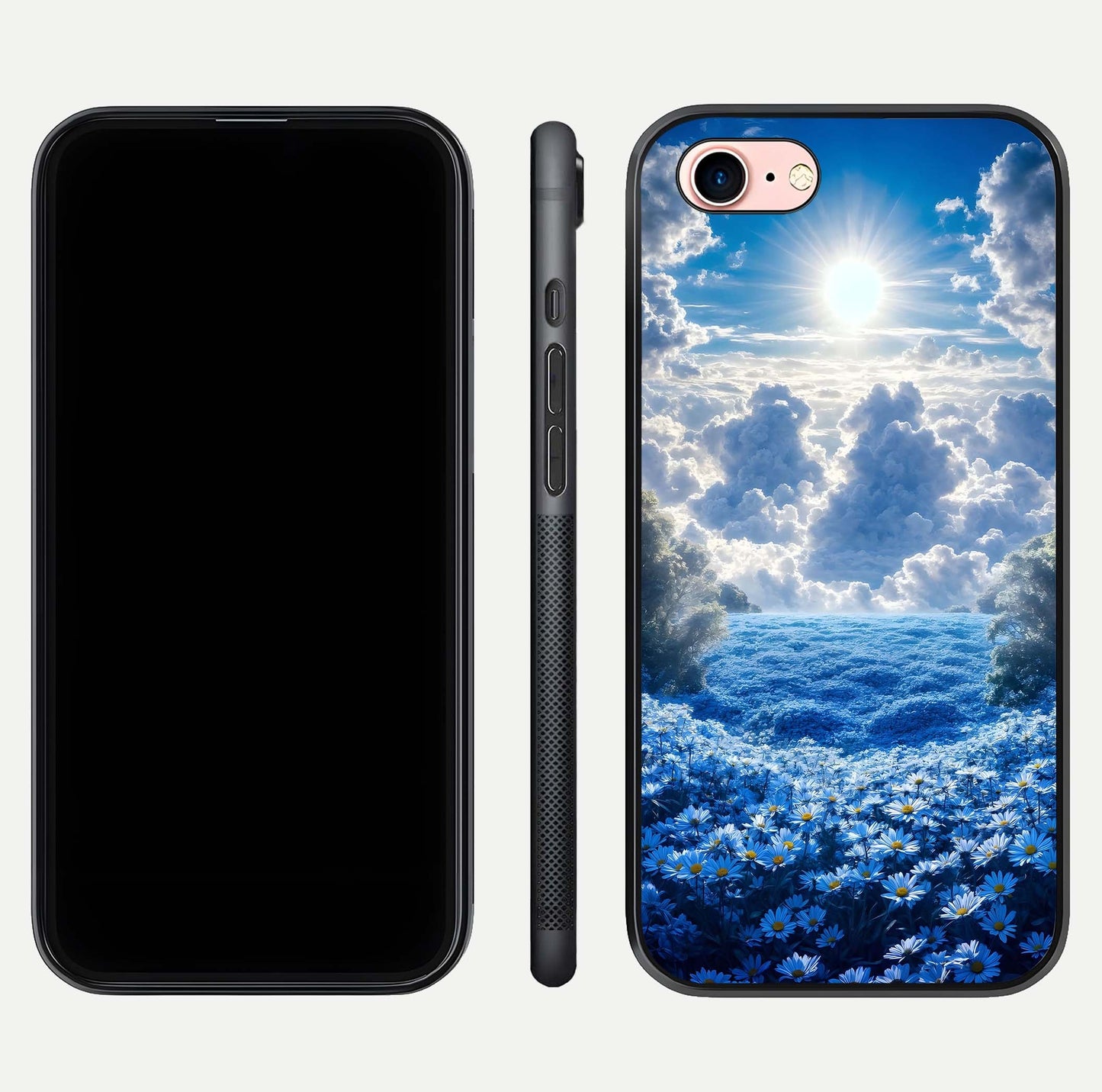 Heavenly Daisy Horizon Glass Case for iPhone 6 Plus front and back view layout highlighting floral field tones and curved edges