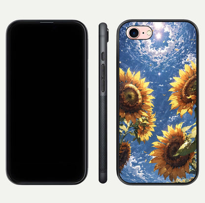 Heavenly Sunflower Rise Glass Case for iPhone 6 Plus front and back view layout highlighting golden floral tones and curved edges