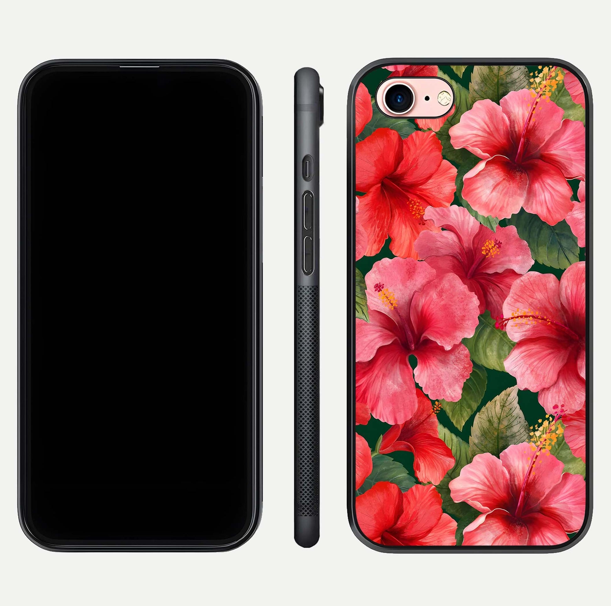 Hibiscus Pattern Glass Case for iPhone 6 Plus front and back view layout highlighting tropical design and curved glass edges