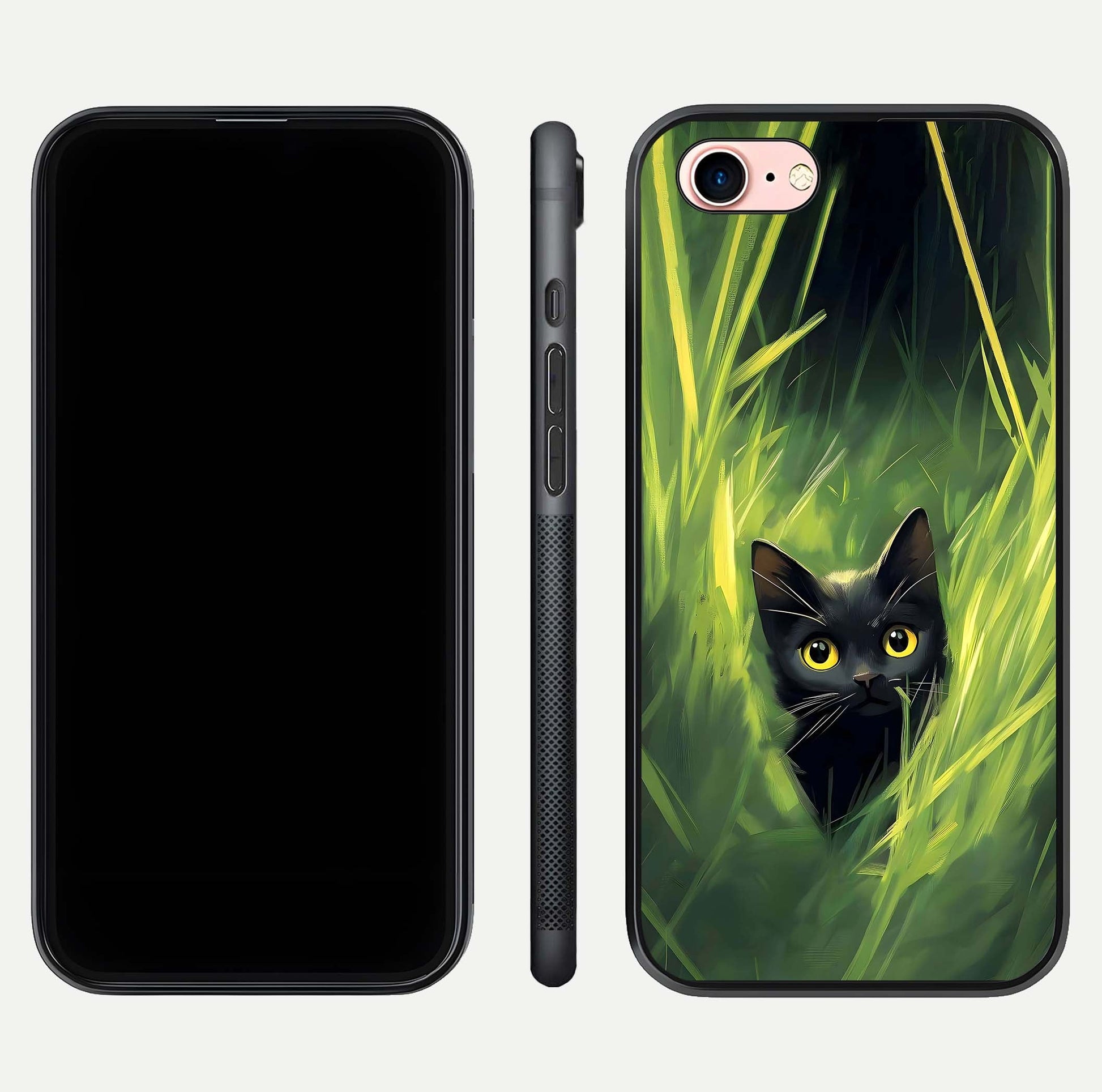 Hidden Cat Whisper Glass Case for iPhone 6 Plus front and back view layout highlighting minimalist art and curved edges