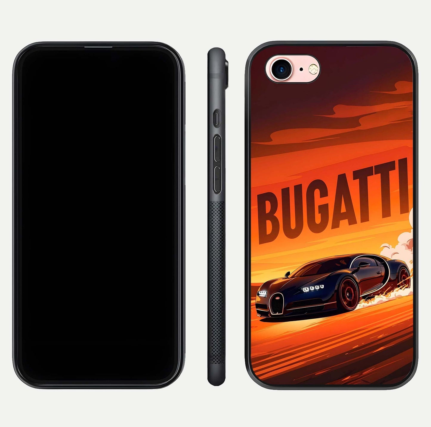 Inferno Bugatti Storm Glass Case for iPhone 6 Plus front and back view layout highlighting car silhouette and curved glass edge