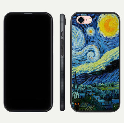 Inspired Van Gogh Art Glass Case for iPhone 6 Plus front and back view layout displaying vivid color tones and curved glass edges