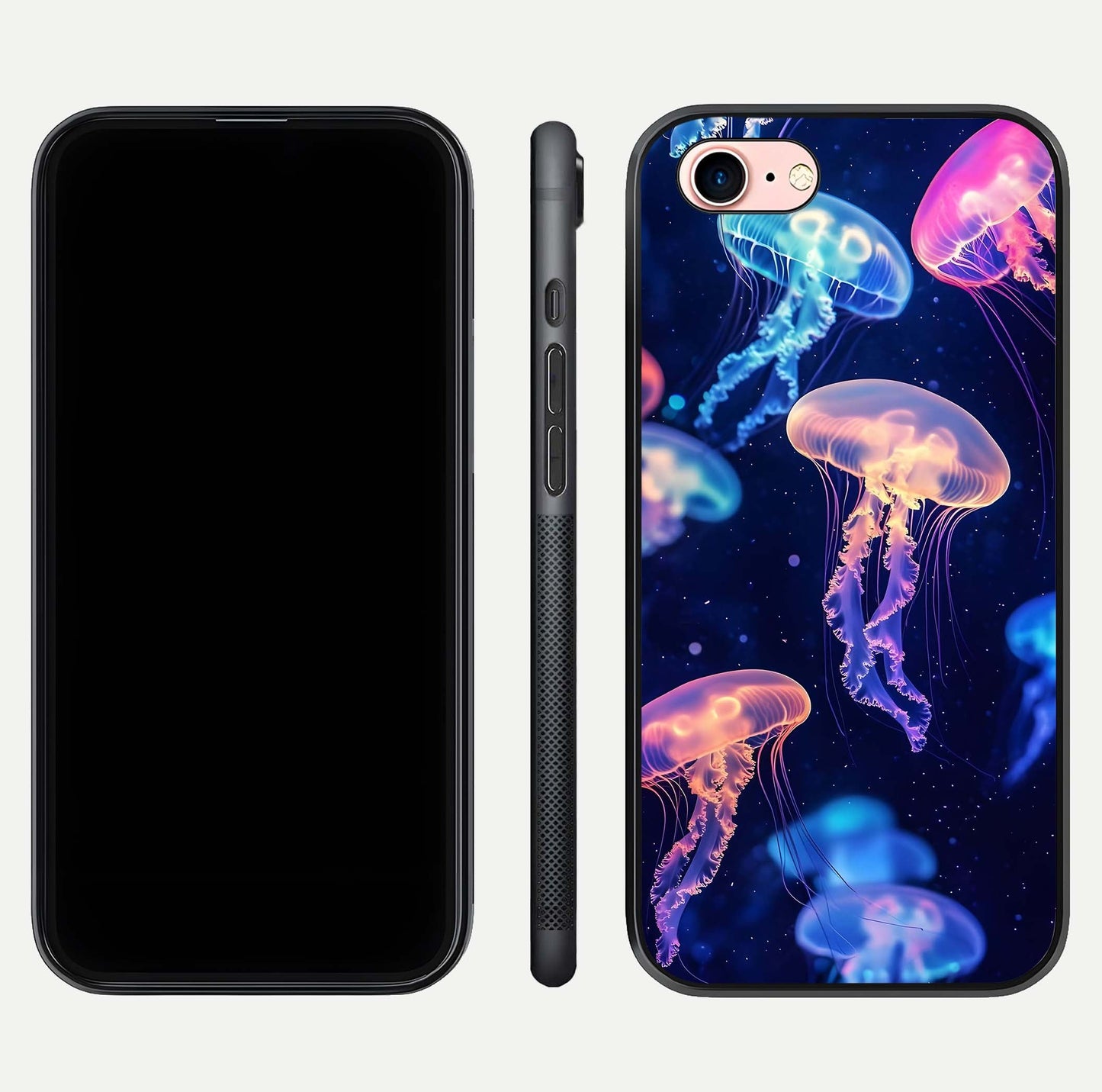 Jellyfish Pattern Glass Case for iPhone 6 Plus front and back view layout highlighting aquatic tones and curved edges