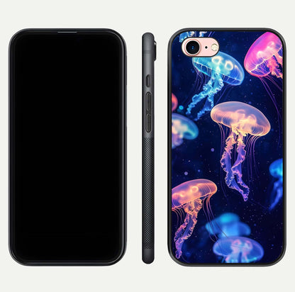 Jellyfish Pattern Glass Case for iPhone 6 Plus front and back view layout highlighting aquatic tones and curved edges