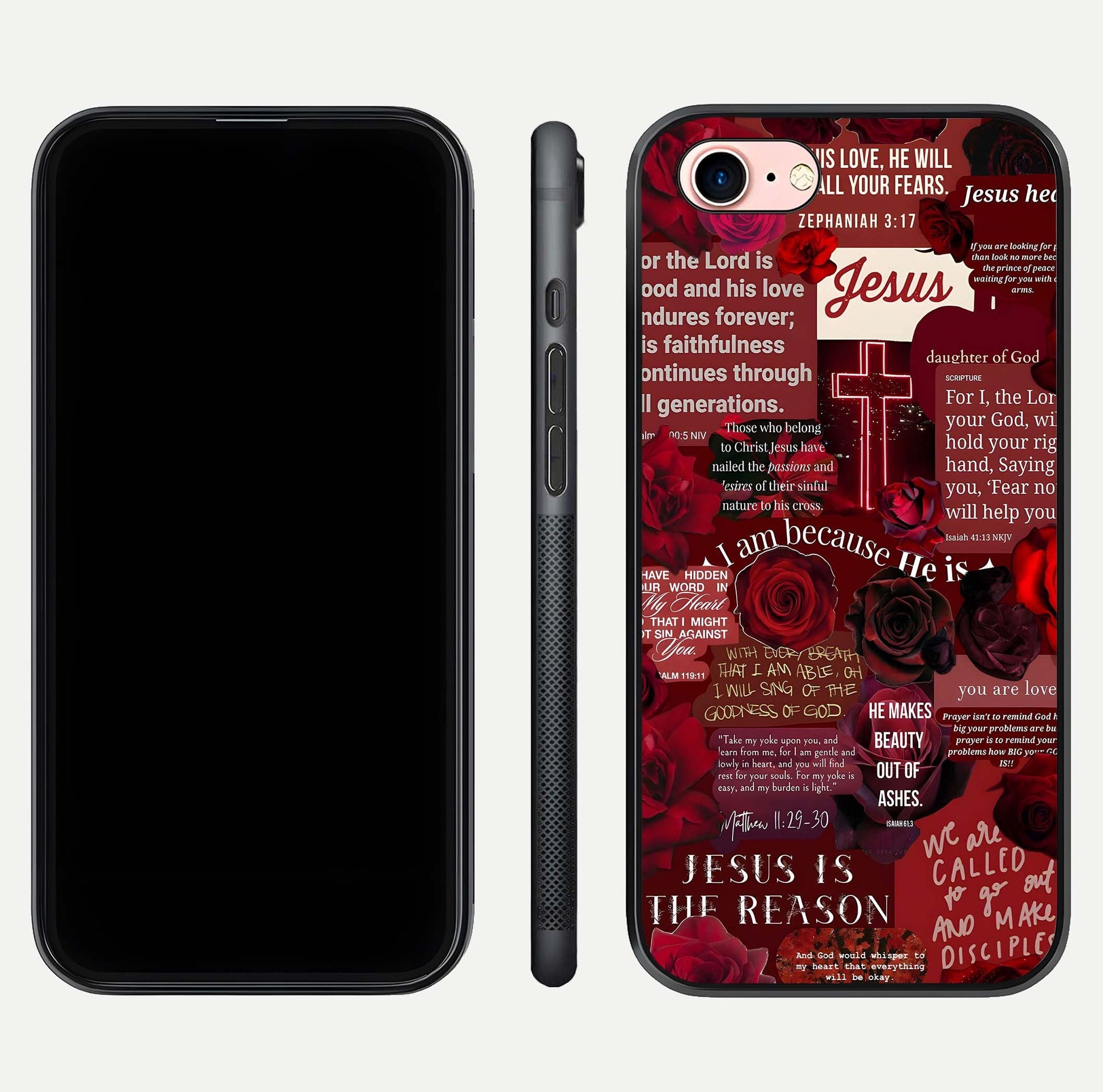 Jesus Love Heals Glass Case for iPhone 6 Plus front and back view layout with elegant typography and smooth edges