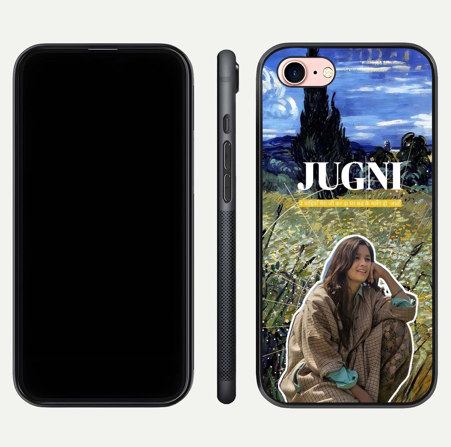 Jugni Soul Vibes Glass Case for iPhone 6 Plus front and back view layout highlighting desi art and curved glass edges