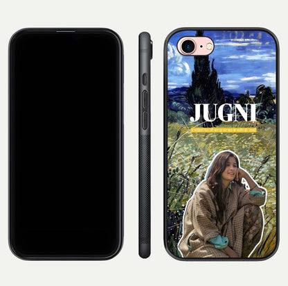 Jugni Soul Vibes Glass Case for iPhone 6 Plus front and back view layout highlighting desi art and curved glass edges