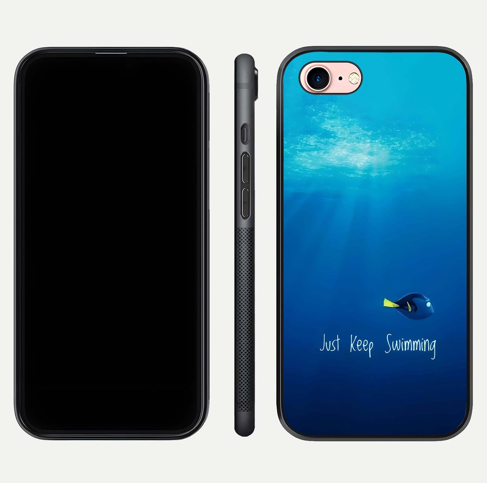 Just Keep Swimming Glass Case for iPhone 6 Plus front and back view layout with smooth glass edges and HD text clarity