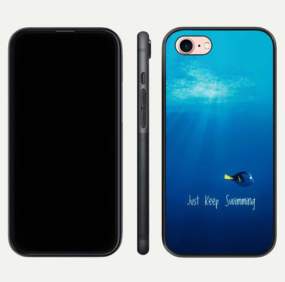 Just Keep Swimming Glass Case for iPhone 6 Plus front and back view layout with smooth glass edges and HD text clarity