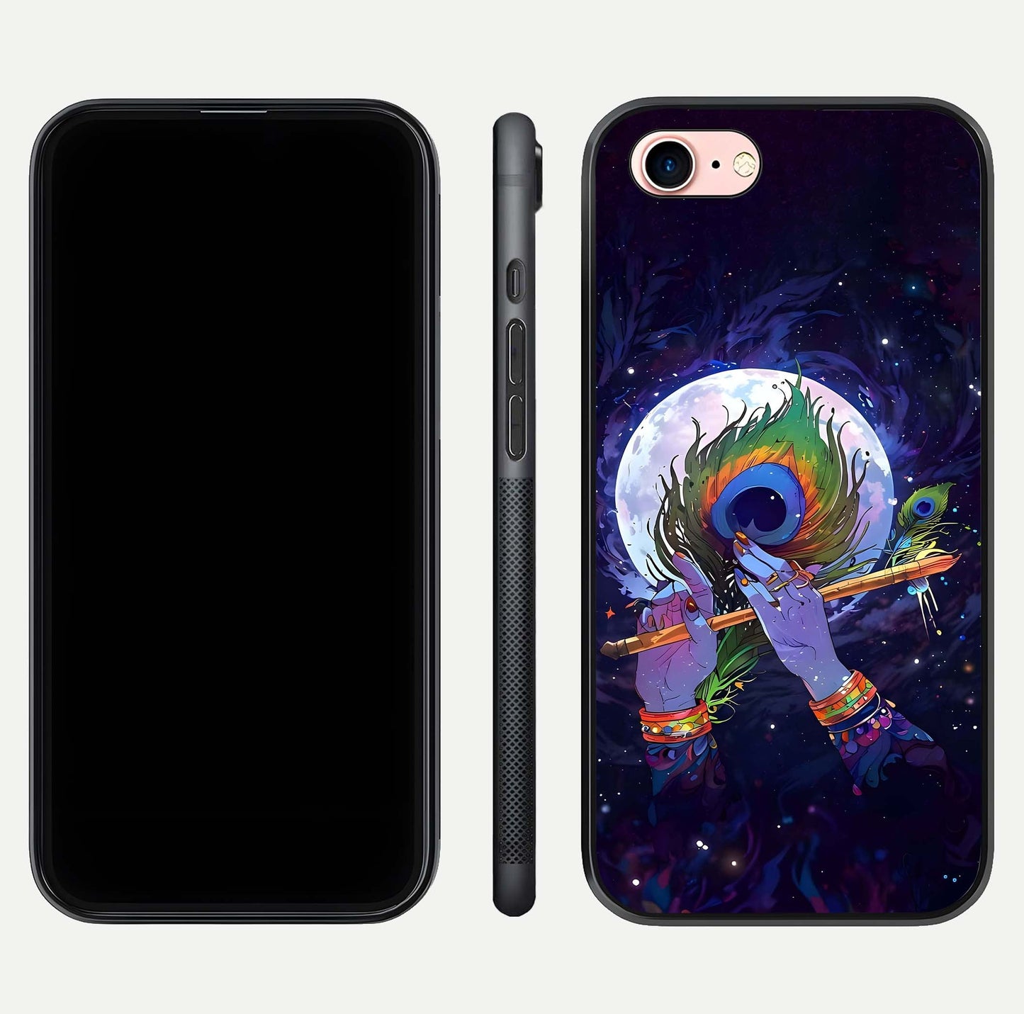 Krishna Hands Art Glass Case for iPhone 6 Plus front and back view layout displaying soft edges and spiritual tones