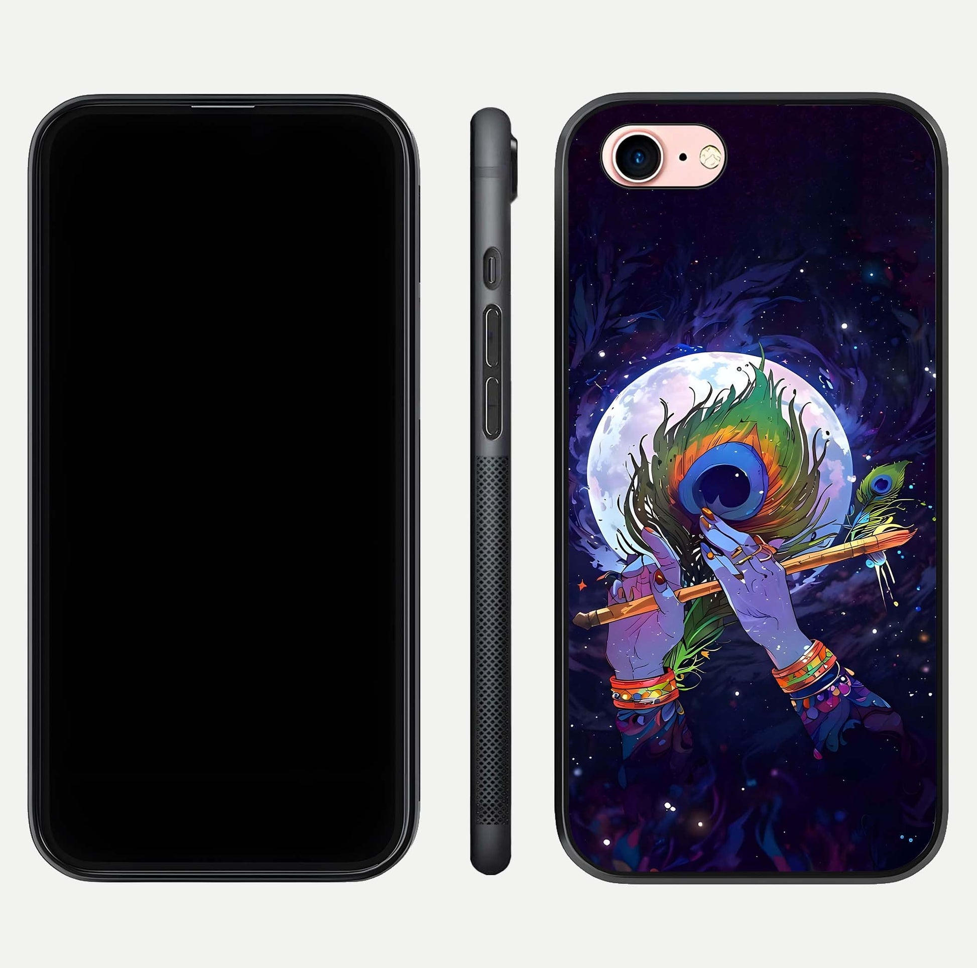Krishna Hands Art Glass Case for iPhone 6 Plus front and back view layout displaying soft edges and spiritual tones
