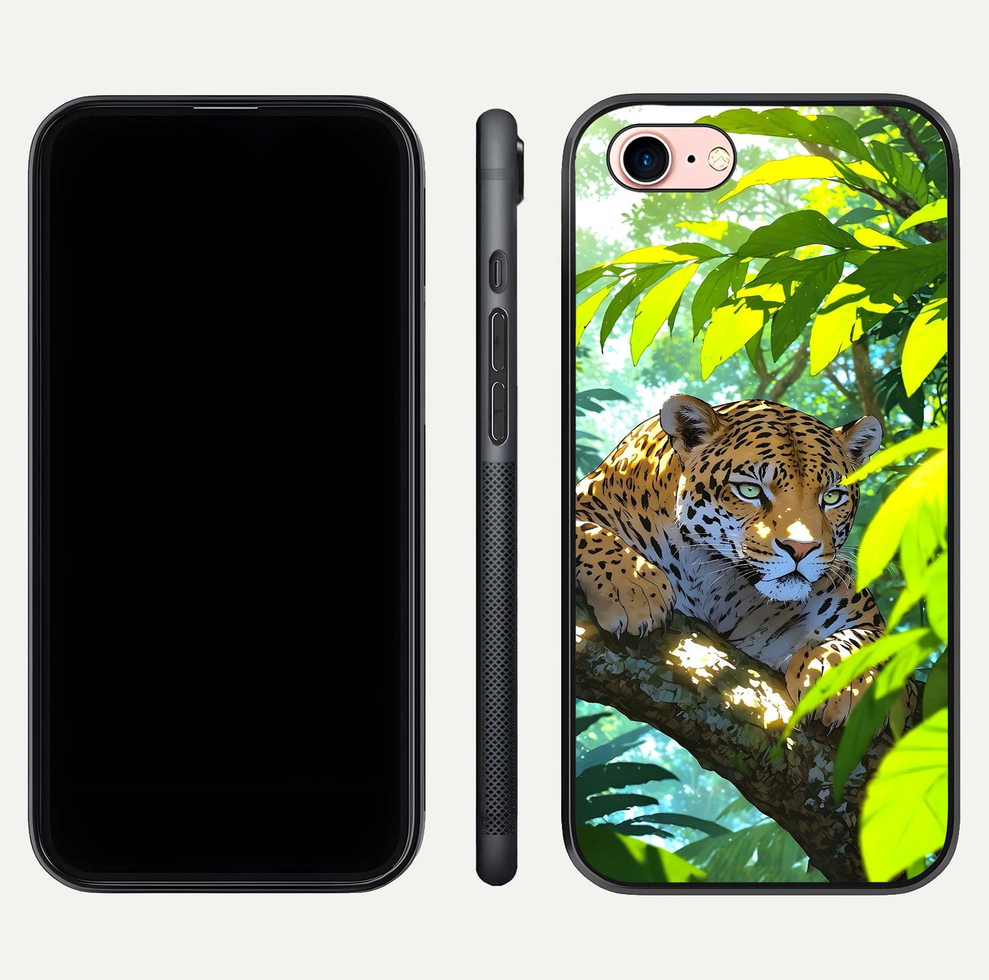 Leopard in Jungle Glass Case for iPhone 6 Plus front & back layout with premium edge detailing and vivid jungle art