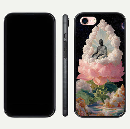 Lotus Divine Peace Glass Case for iPhone 6 Plus front & back layout highlighting soft pink hues and curved edges