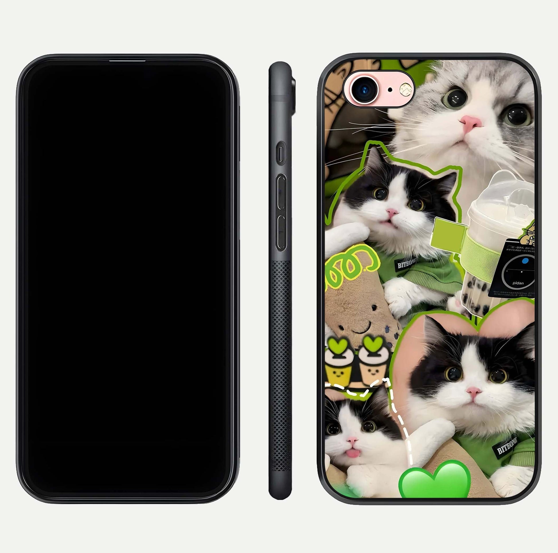 Matcha Cats Mood Glass Case for iPhone 6 Plus front & back layout highlighting cute theme and smooth edges