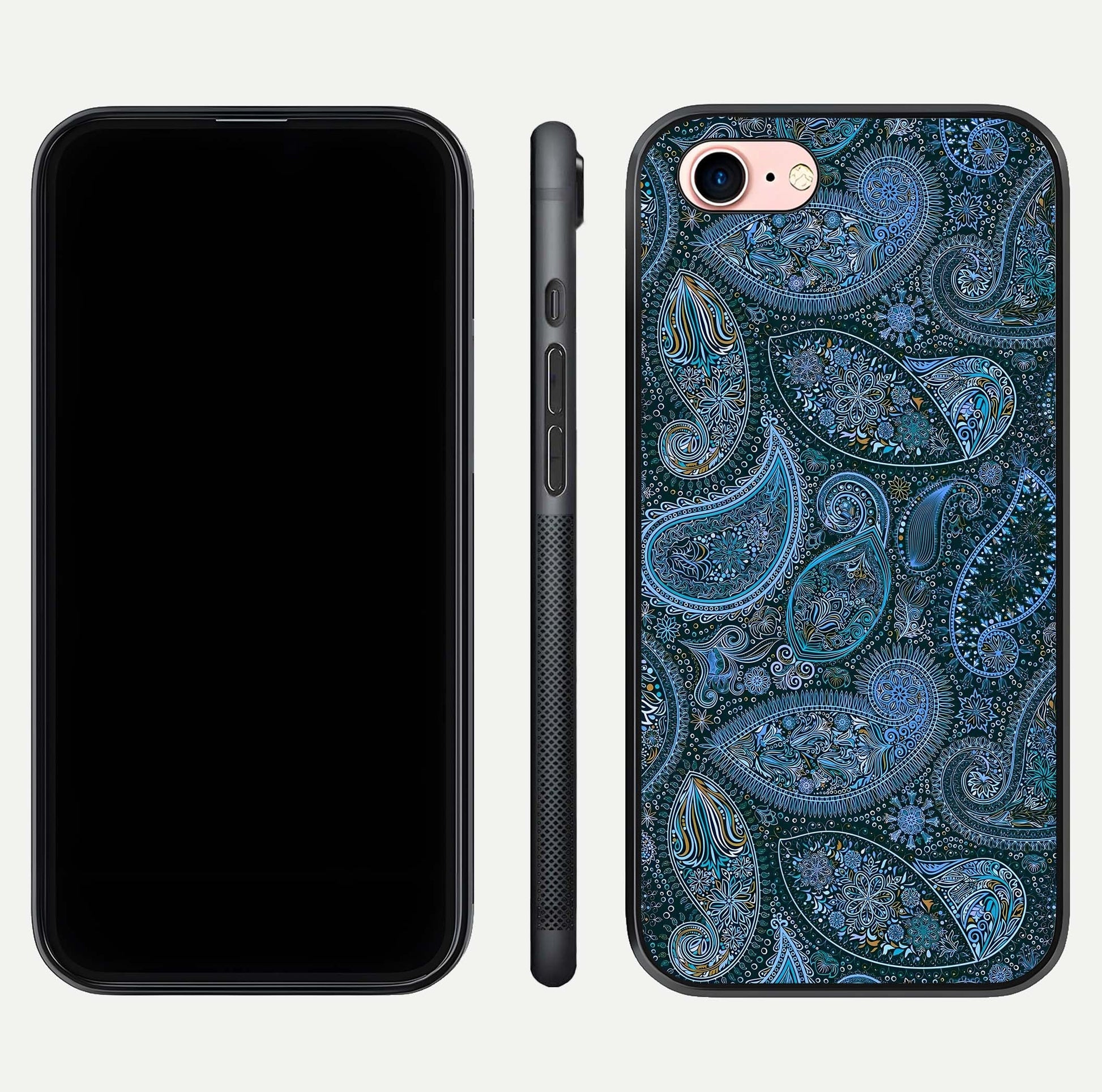 Midnight Paisley Glow Glass Case for iPhone 6 Plus front & back layout highlighting elegant edge finish