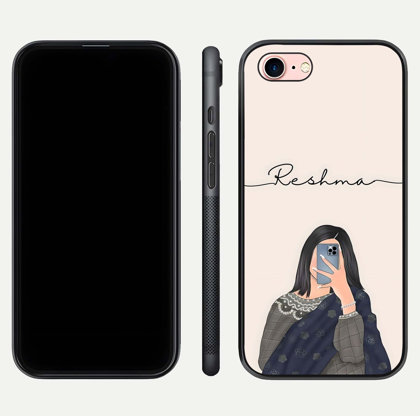 Mirror Mood Muse Custom Name Glass Case for iPhone 6 Plus front & back layout showing personalized name placement