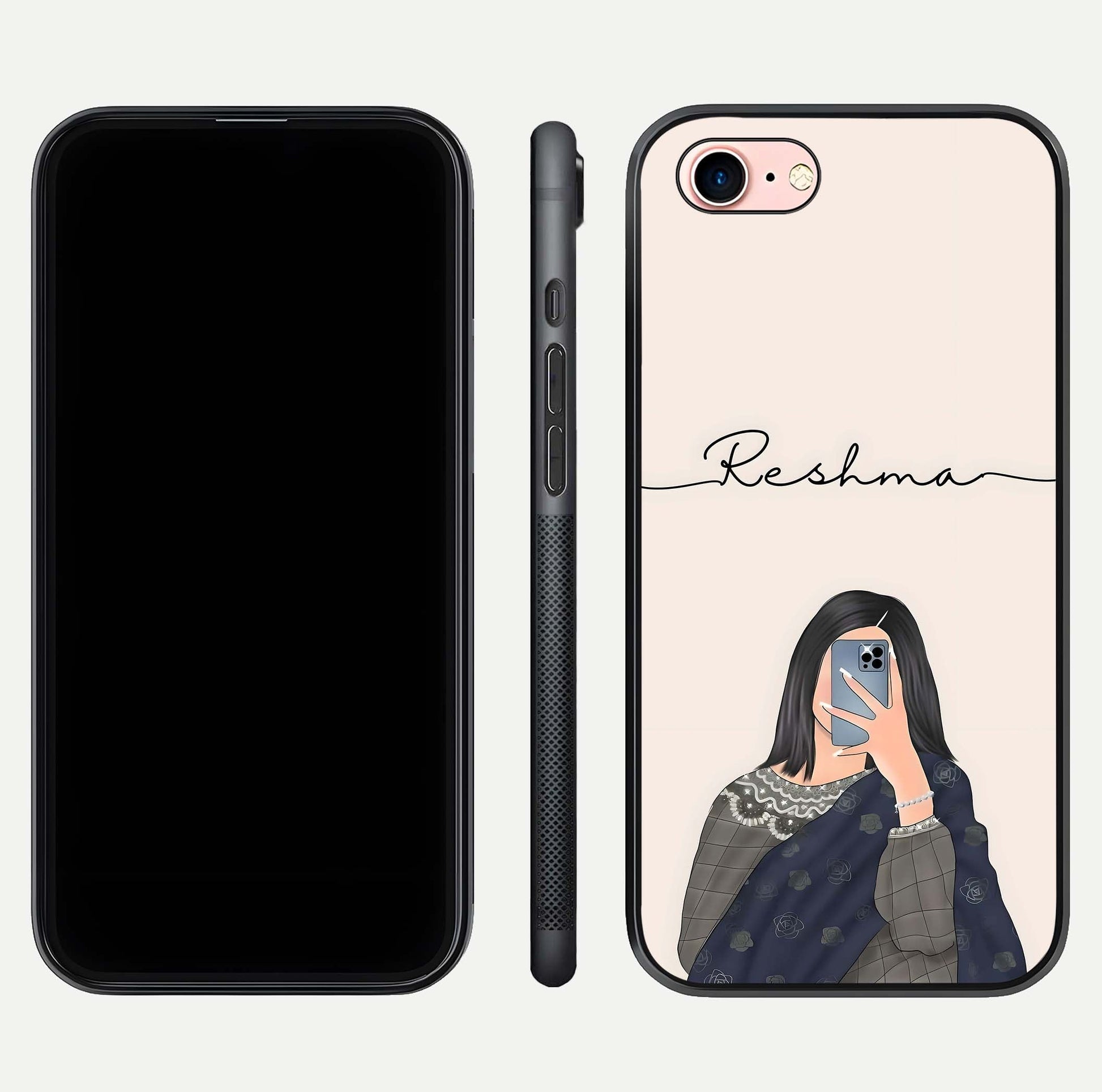 Mirror Mood Muse Custom Name Glass Case for iPhone 6 Plus front & back layout showing personalized name placement