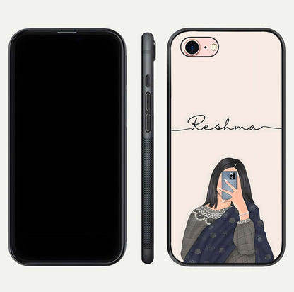 Mirror Mood Muse Custom Name Glass Case for iPhone 6 Plus front & back layout showing personalized name placement