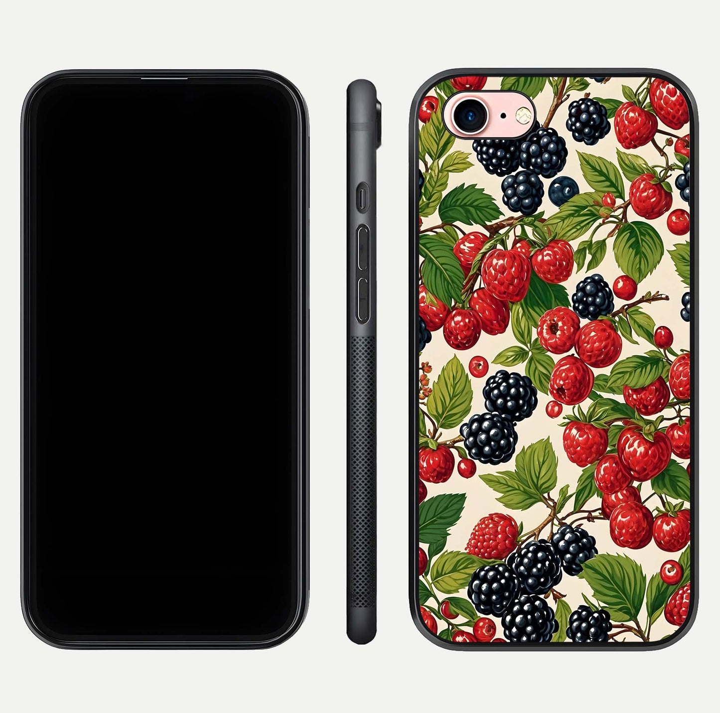 Mixed Berry Collage Glass Case for iPhone 6 Plus front & back layout highlighting colorful art and curved edges