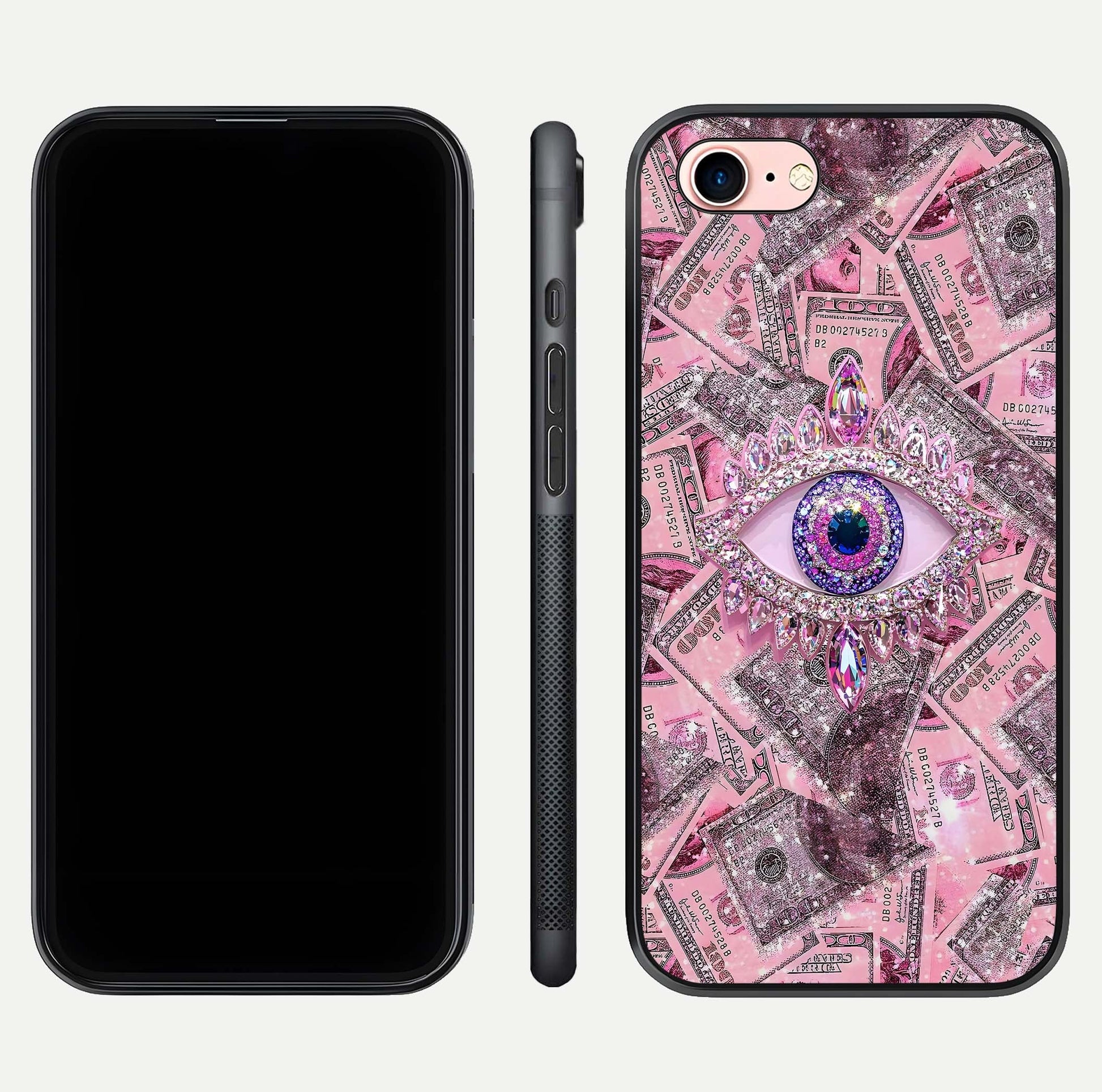Money Eye Luxe Glass Case for iPhone 6 Plus front & back layout highlighting luxury edge design and bold art