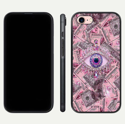 Money Eye Luxe Glass Case for iPhone 6 Plus front & back layout highlighting luxury edge design and bold art
