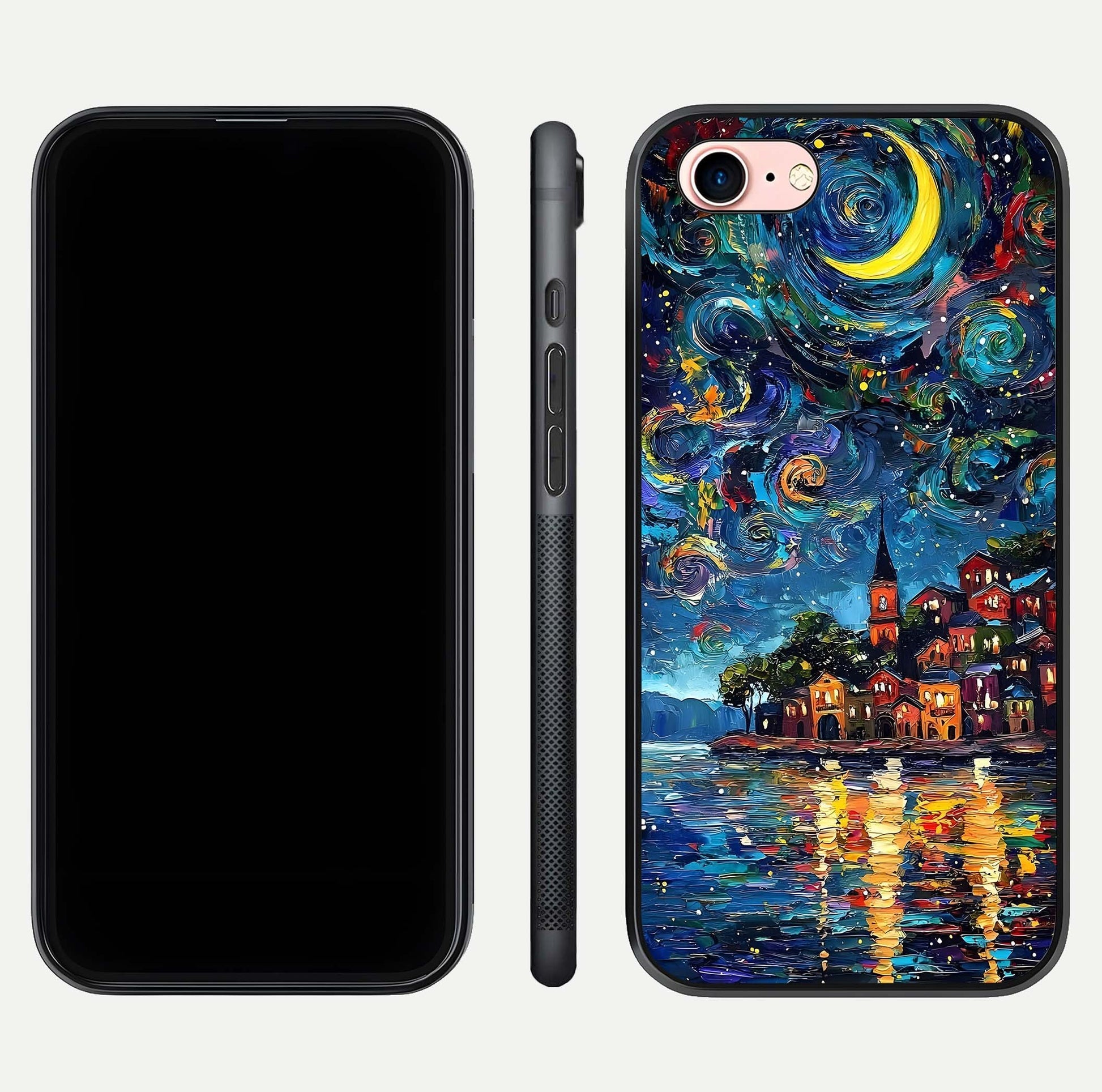Moonlight Harbor Glow Glass Case for iPhone 6 Plus front & back layout highlighting calm harbor tones