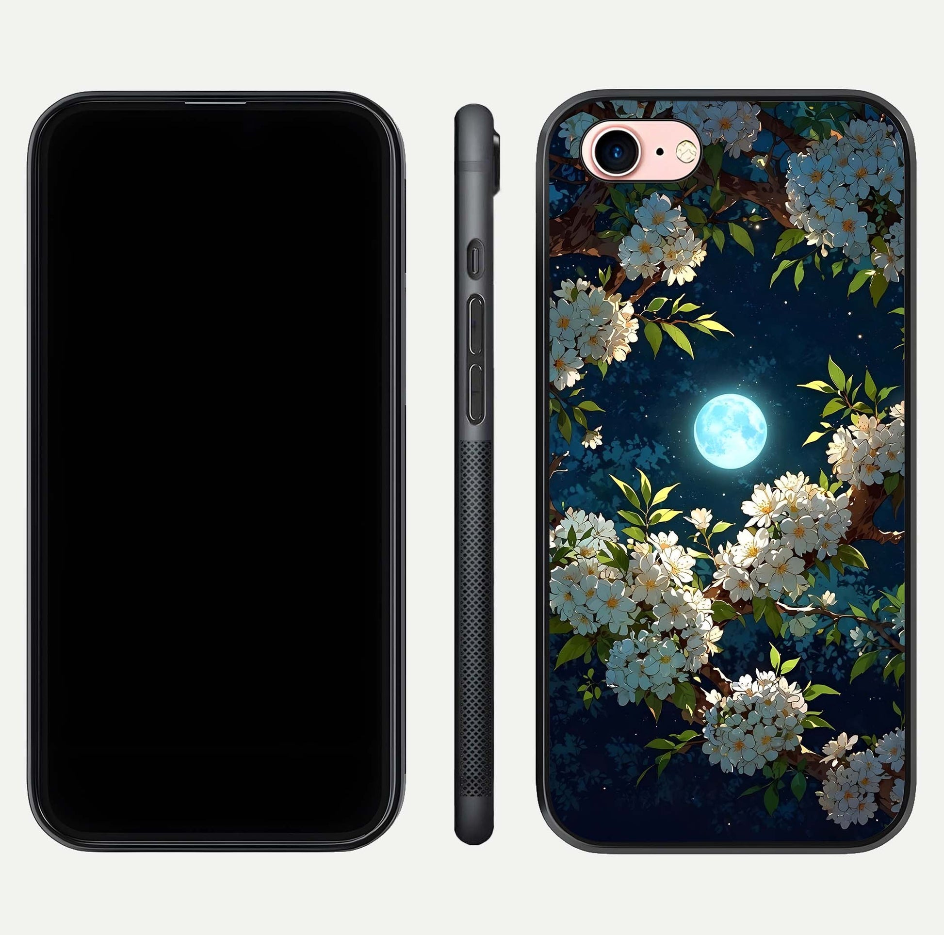 Moonlit Blossom Dream Glass Case for iPhone 6 Plus front & back layout highlighting moonlit tones and edges