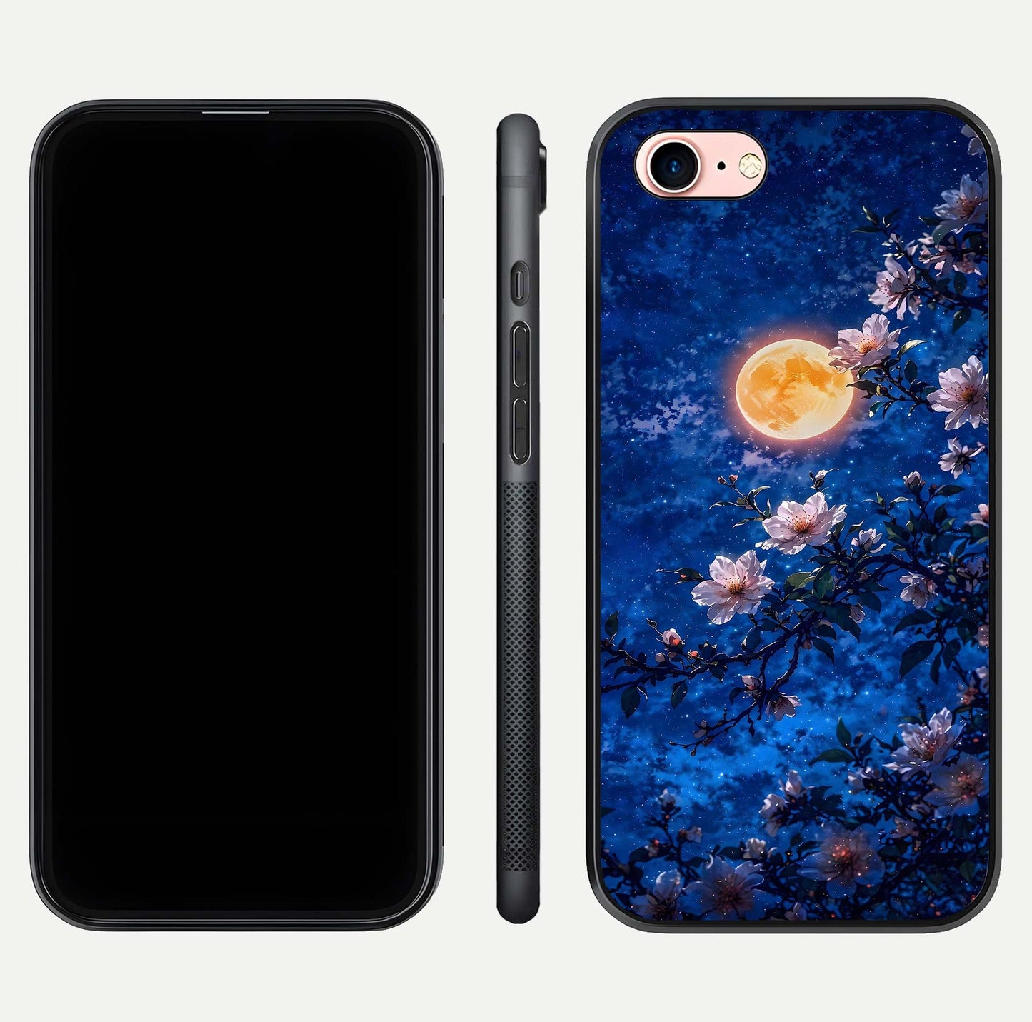 Moonlit Blossoms Night Glass Case for iPhone 6 Plus front & back layout highlighting moonlit tones and curved edges