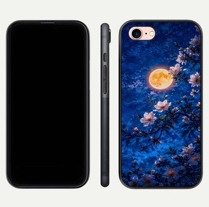 Moonlit Blossoms Night Glass Case for iPhone 6 Plus front & back layout highlighting moonlit tones and curved edges