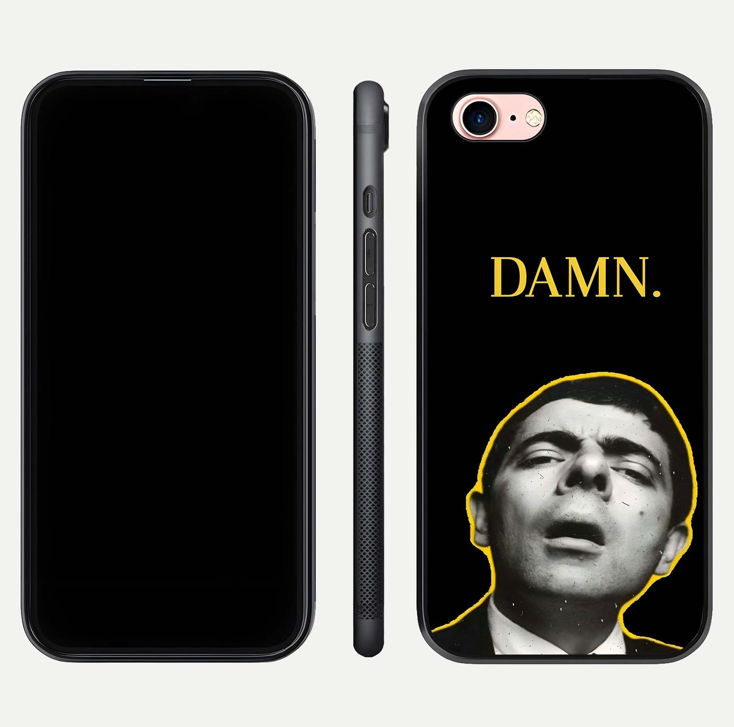 Mr Bean Damn Glass Case for iPhone 6 Plus front & back layout displaying fun artwork and curved smooth edges
