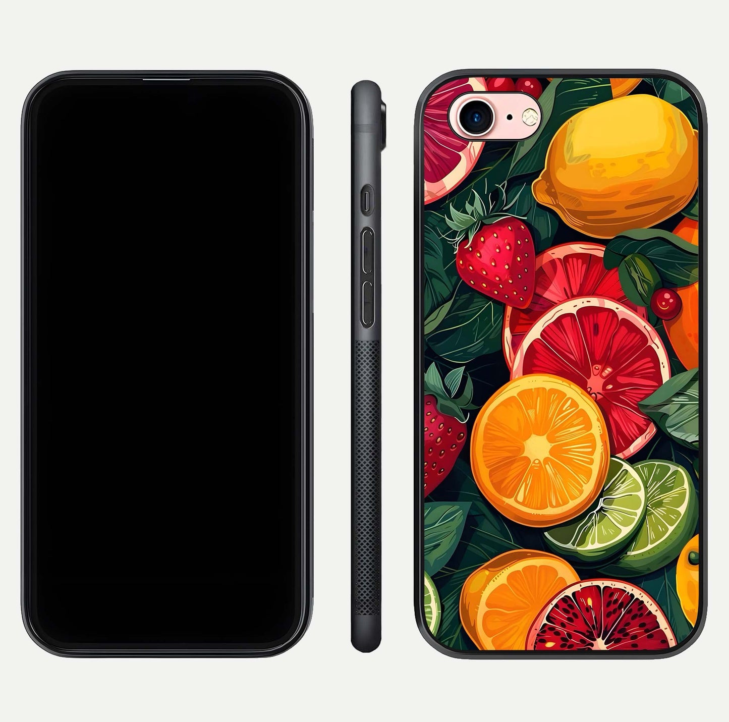 Multiple Fruits Glass Case for iPhone 6 Plus front & back layout highlighting vibrant tones and curved edges
