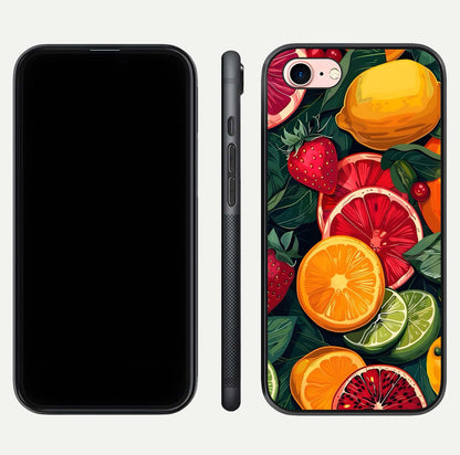 Multiple Fruits Glass Case for iPhone 6 Plus front & back layout highlighting vibrant tones and curved edges