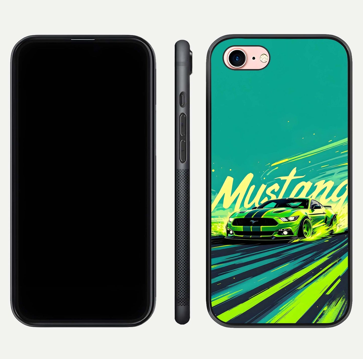 Mustang Bang Glass Case for iPhone 6 Plus front & back layout highlighting dark automotive tones and edge detail