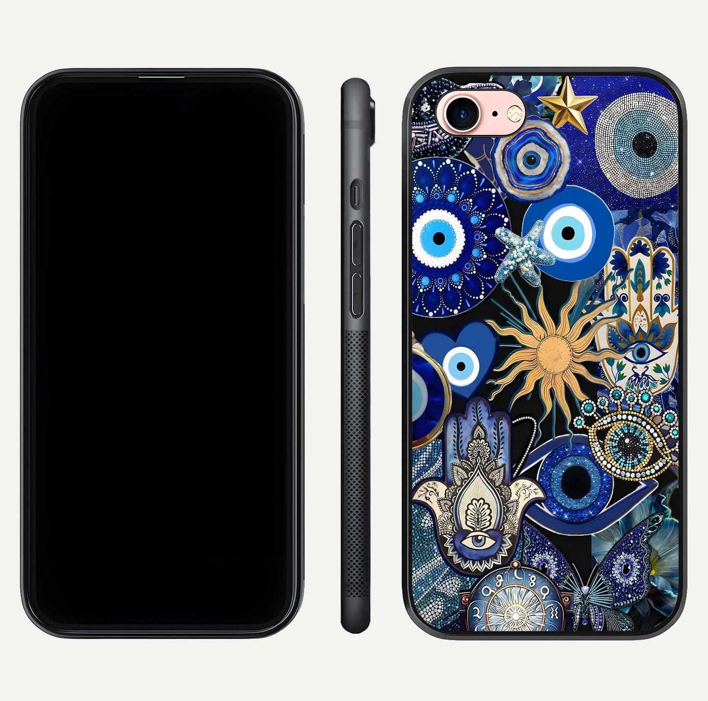 Mystic Blue Evil Eye Glass Case for iPhone 6 Plus front & back layout showing elegant tones and edge finish
