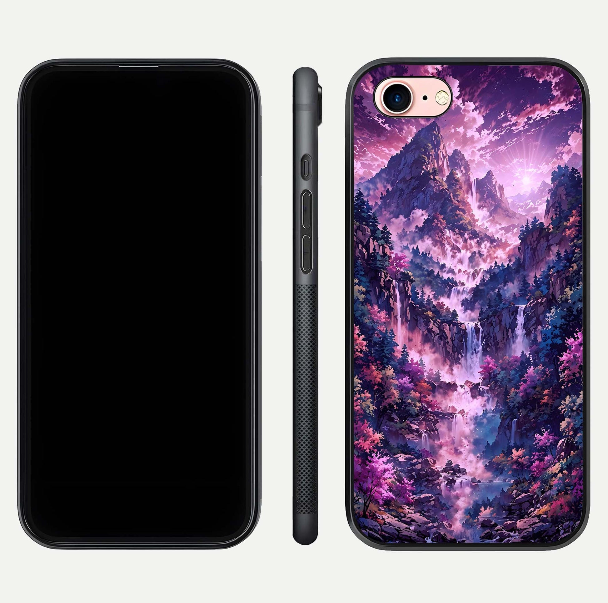 Mystic Cascade Peaks Glass Case for iPhone 6 Plus front & back layout highlighting HD landscape tones