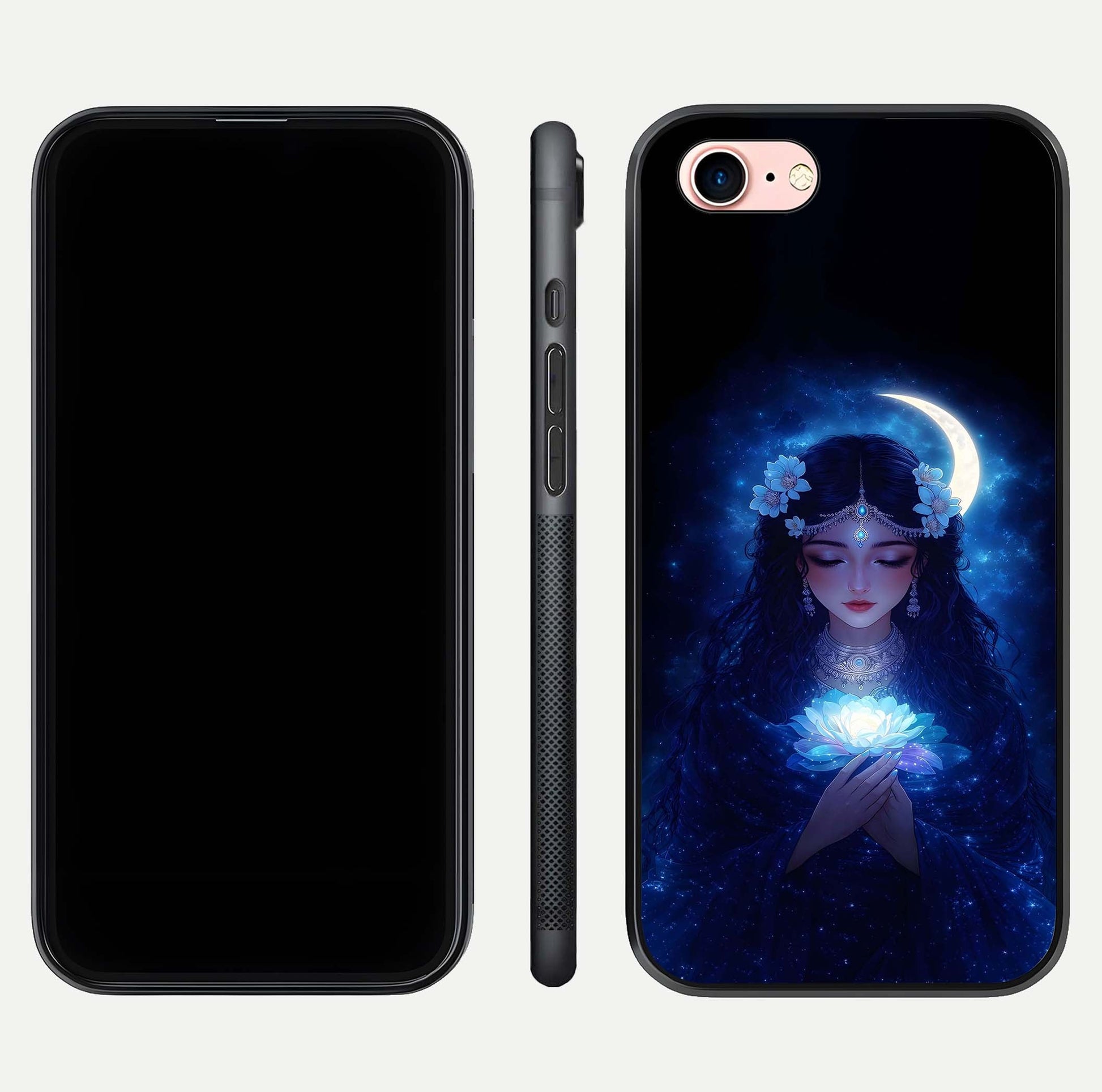 Mystic Moon Queen Glass Case for iPhone 6 Plus front & back layout highlighting divine illustration and edges