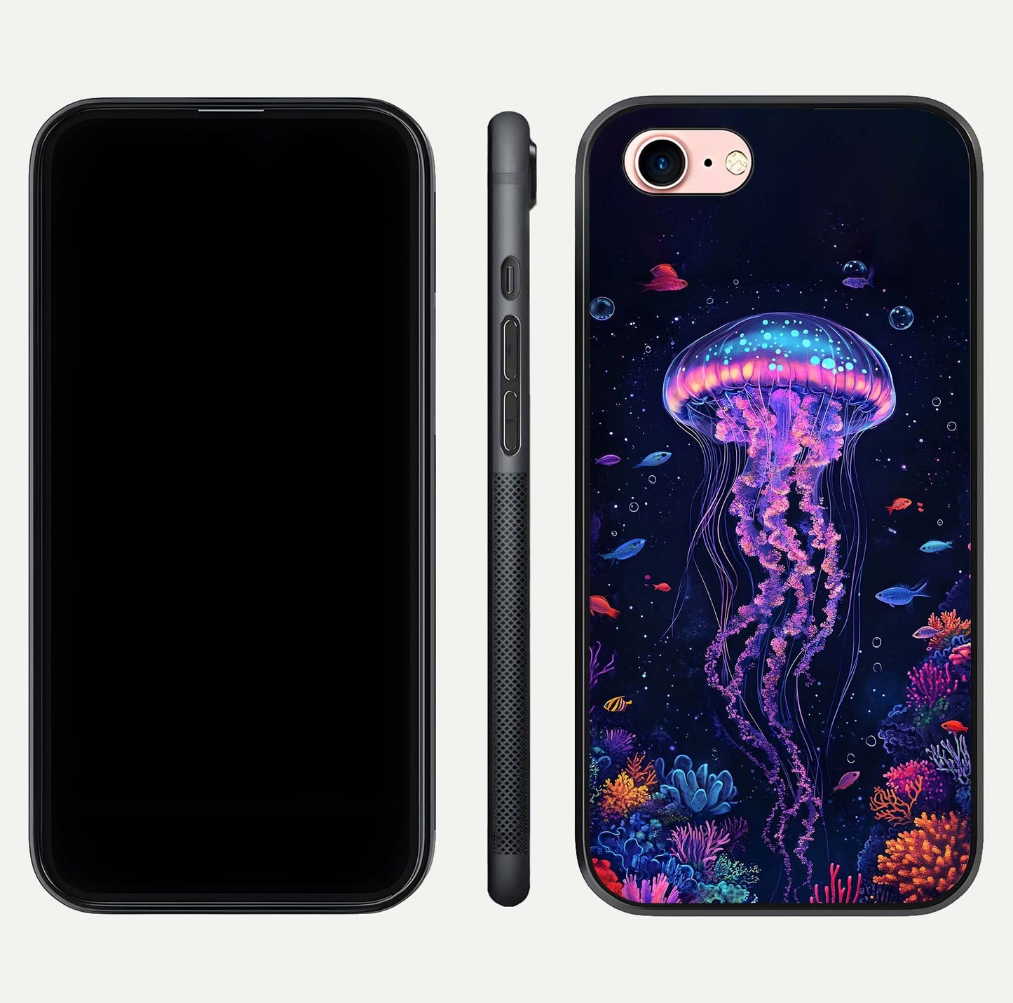 Neon Jellyfish Glass Case for iPhone 6 Plus front & back layout highlighting HD marine art and curved edges