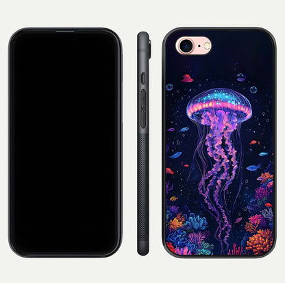 Neon Jellyfish Glass Case for iPhone 6 Plus front & back layout highlighting HD marine art and curved edges