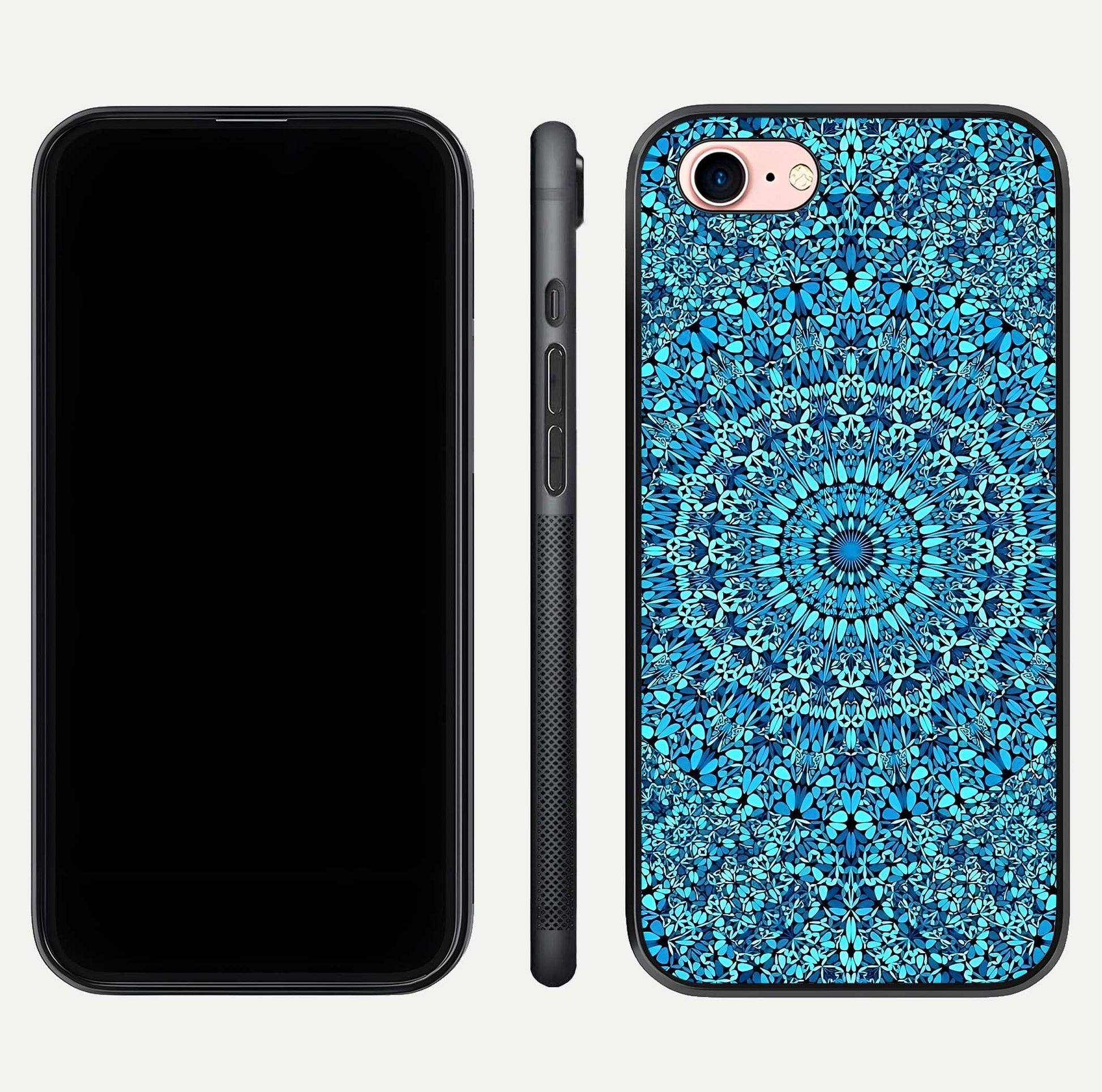 Ocean Bloom Mandala Glass Case for iPhone 6 Plus front & back layout showing ocean tone design and edges